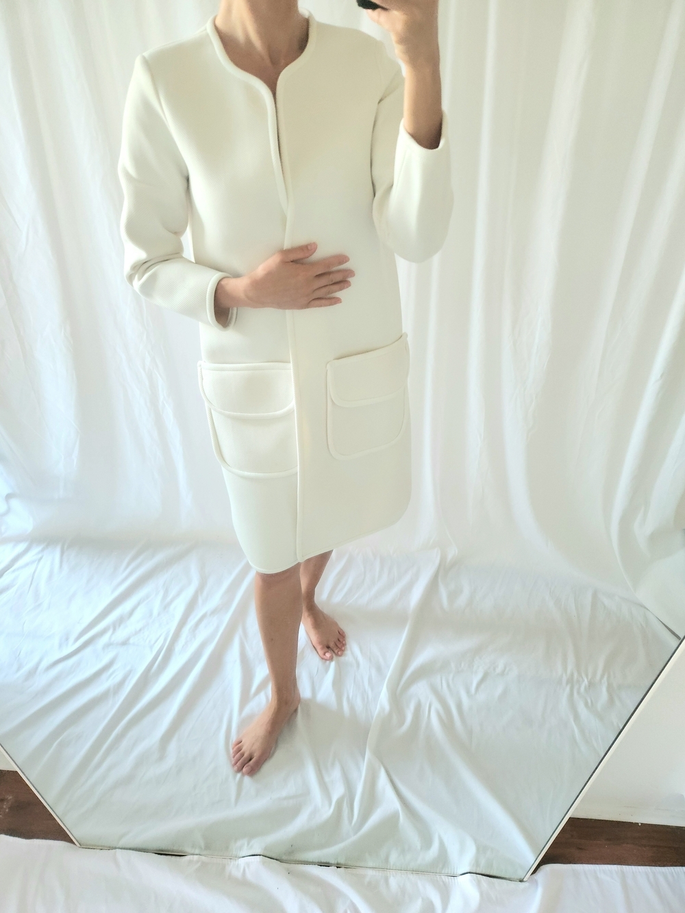Cynthia Rowley Cream Midi Coat with Patch Pockets